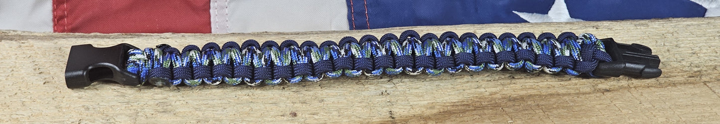 Men's Cobra Weave Paracord Bracelet – Blue/Green Camo - Dark Blue Trim - Black, Plastic, Buckle