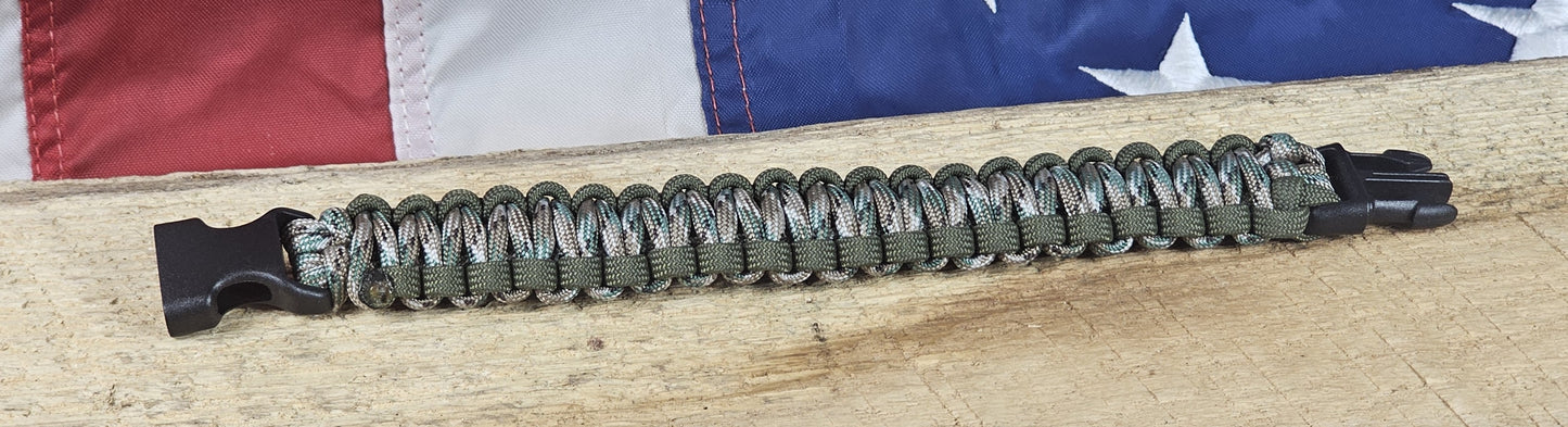 Men's Cobra Weave Paracord Bracelet – Tan/Green Camo - OD Green Trim - Black, Plastic, Buckle