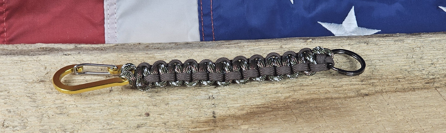 Cobra Weave Keychain – Brush Camo / Brown - Yellow Aluminum Carabiner - Gunmetal Keyring