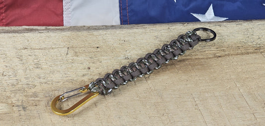 Cobra Weave Keychain – Brush Camo / Brown - Yellow Aluminum Carabiner - Gunmetal Keyring