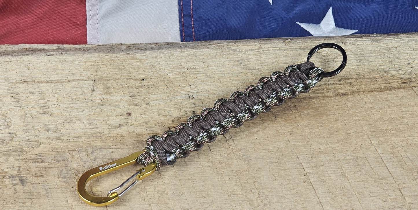 Cobra Weave Keychain – Brush Camo / Brown - Yellow Aluminum Carabiner - Gunmetal Keyring