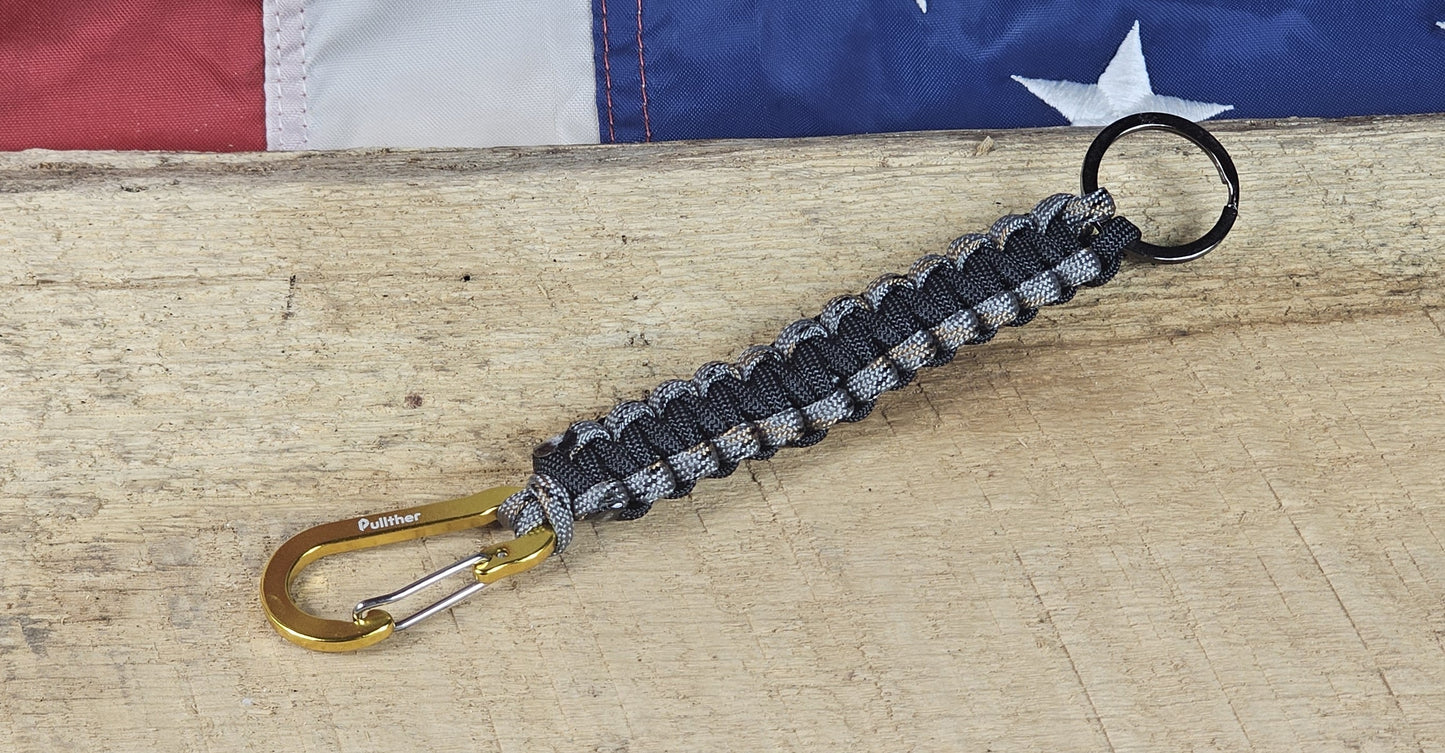 Cobra Weave Keychain – Silver Camo / Black - Yellow Aluminum Carabiner - Gunmetal Keyring