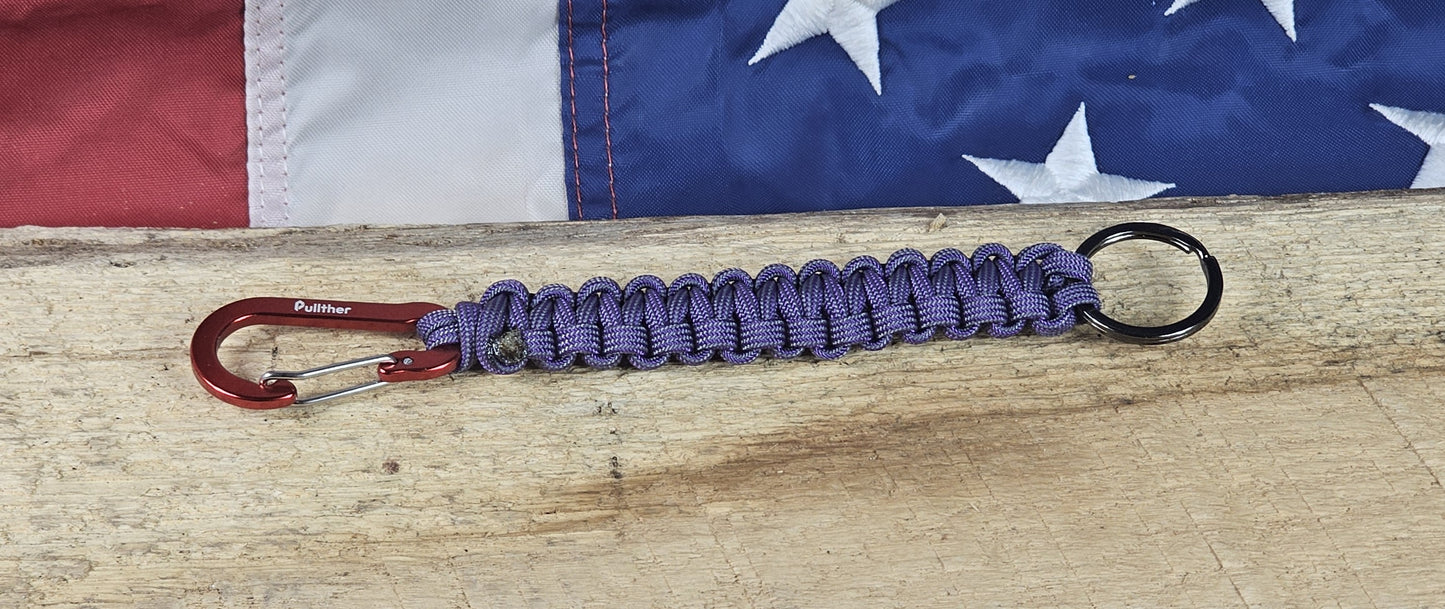 Cobra Weave Keychain – Purple Gray - Red Aluminum Carabiner - Gunmetal Keyring