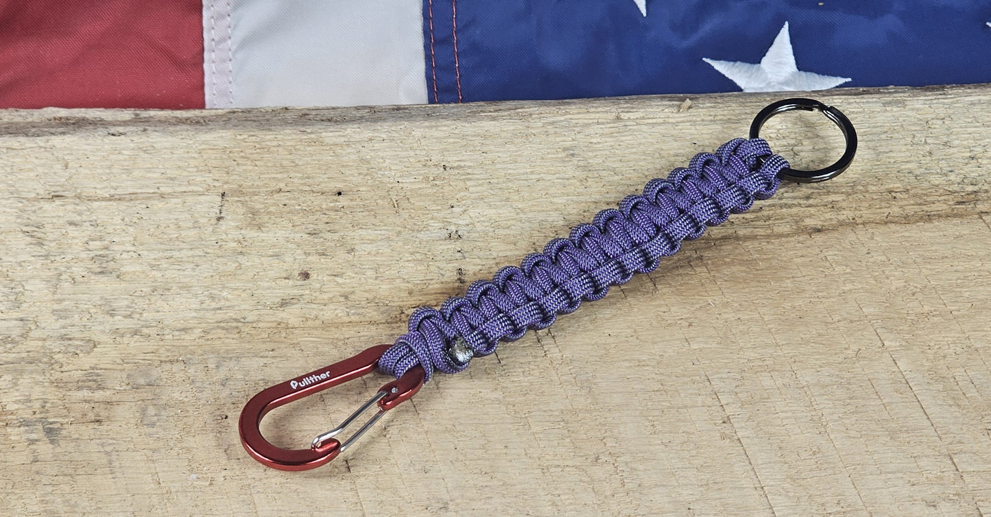 Cobra Weave Keychain – Purple Gray - Red Aluminum Carabiner - Gunmetal Keyring