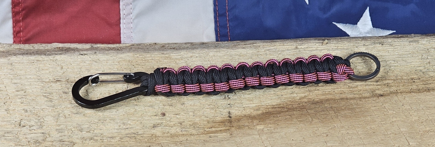 Cobra Weave Keychain – Black / Neon Pink Black - Black Aluminum Carabiner - Titanium Keyring