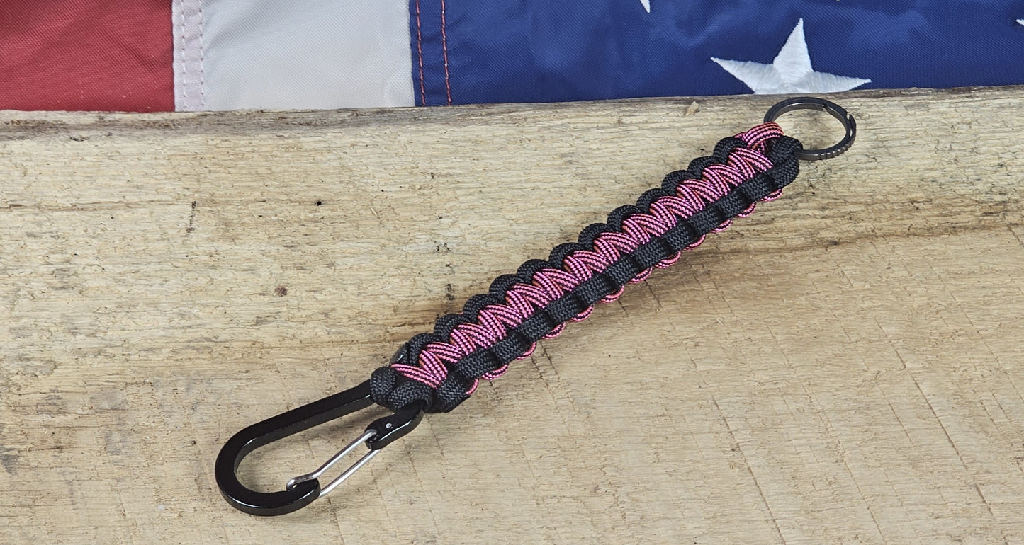 Cobra Weave Keychain – Black / Neon Pink Black - Black Aluminum Carabiner - Titanium Keyring