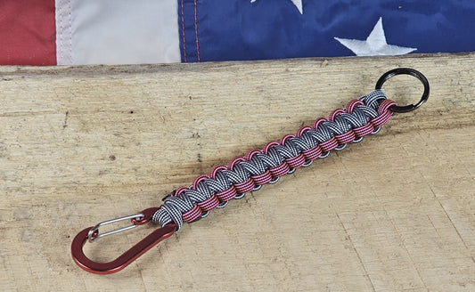 Cobra Weave Keychain – Silver Black Lined / Neon Pink Black - Red Aluminum Carabiner - Gunmetal Keyring