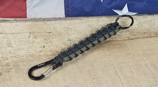 Cobra Weave Keychain – OD Green / Black - Black Aluminum Carabiner - Gunmetal Keyring