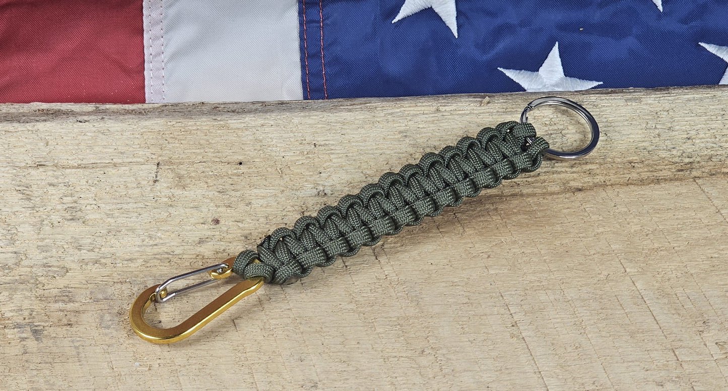 Cobra Weave Keychain – OD Green - Yellow Aluminum Carabiner - Gunmetal Keyring