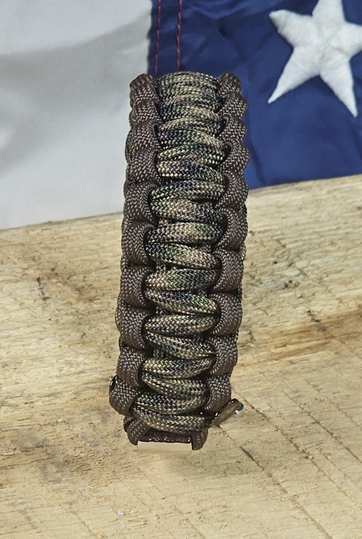 Men's Cobra Weave Paracord Bracelet - Forest Camo Core - Brown Trim - Silver Metal Shackle