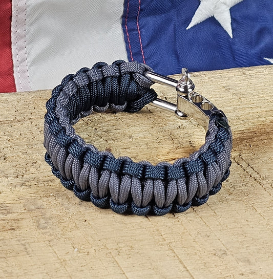 Men's Cobra Weave Paracord Bracelet - Graphite Core - Space Blue Trim - Silver Metal Shackle