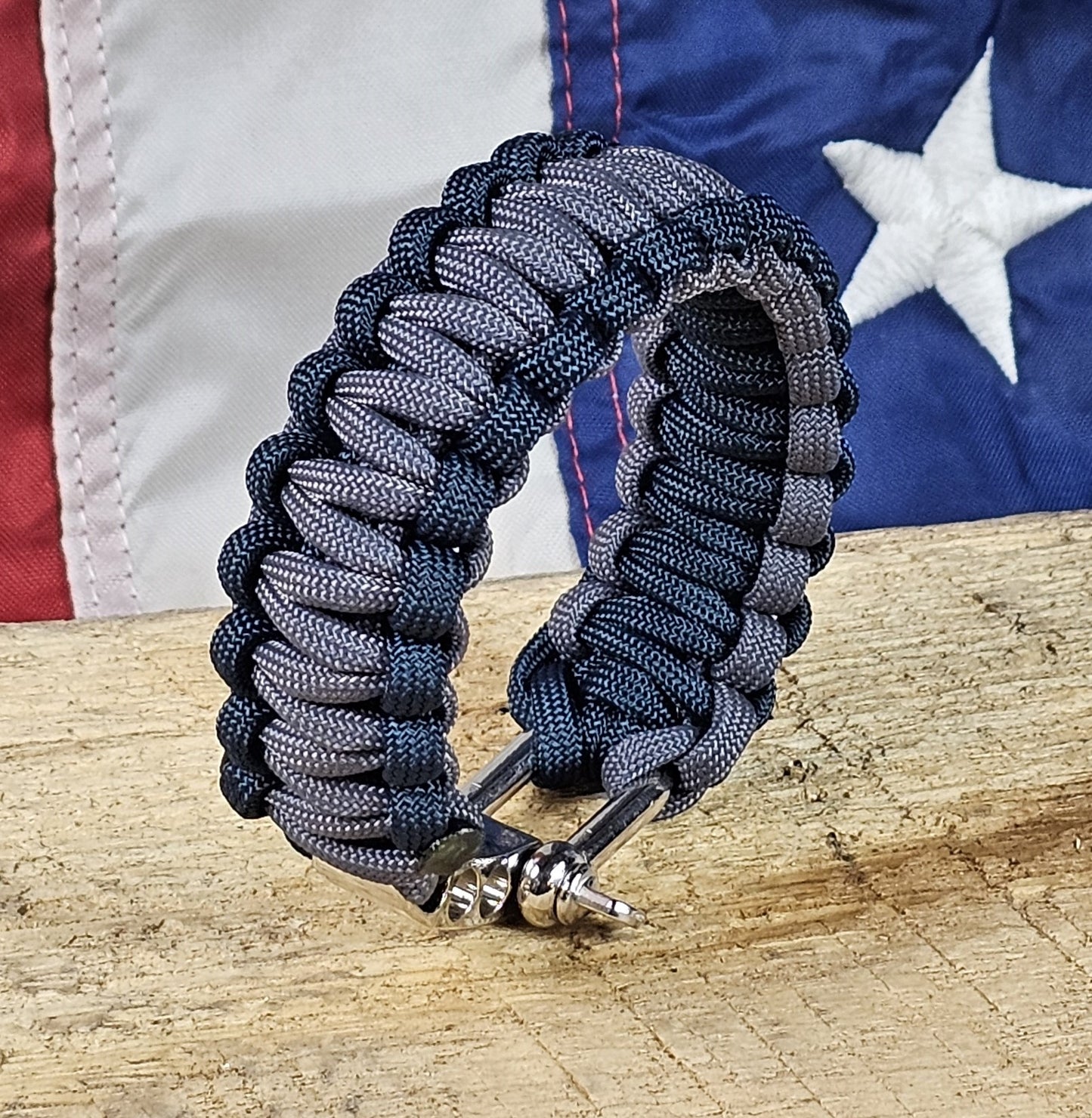 Men's Cobra Weave Paracord Bracelet - Graphite Core - Space Blue Trim - Silver Metal Shackle