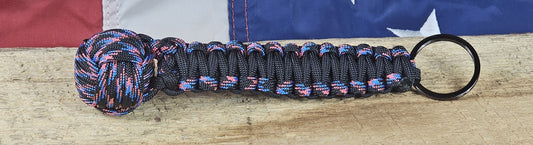 Monkey Fist Keychain - 80's Flashback Camo / Black - Cobra Weave Wrap - Gunmetal Keyring