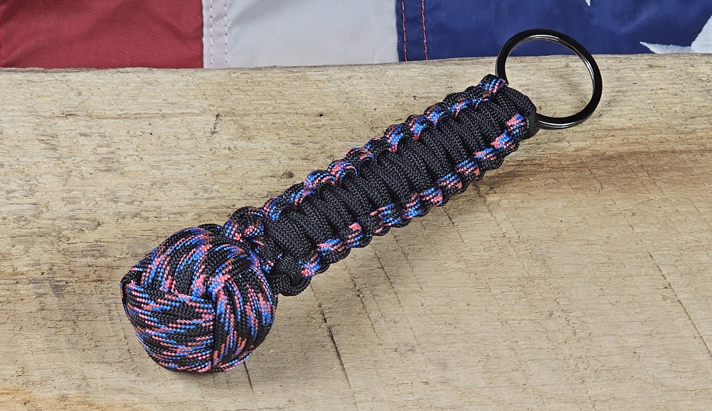 Monkey Fist Keychain - 80's Flashback Camo / Black - Cobra Weave Wrap - Gunmetal Keyring