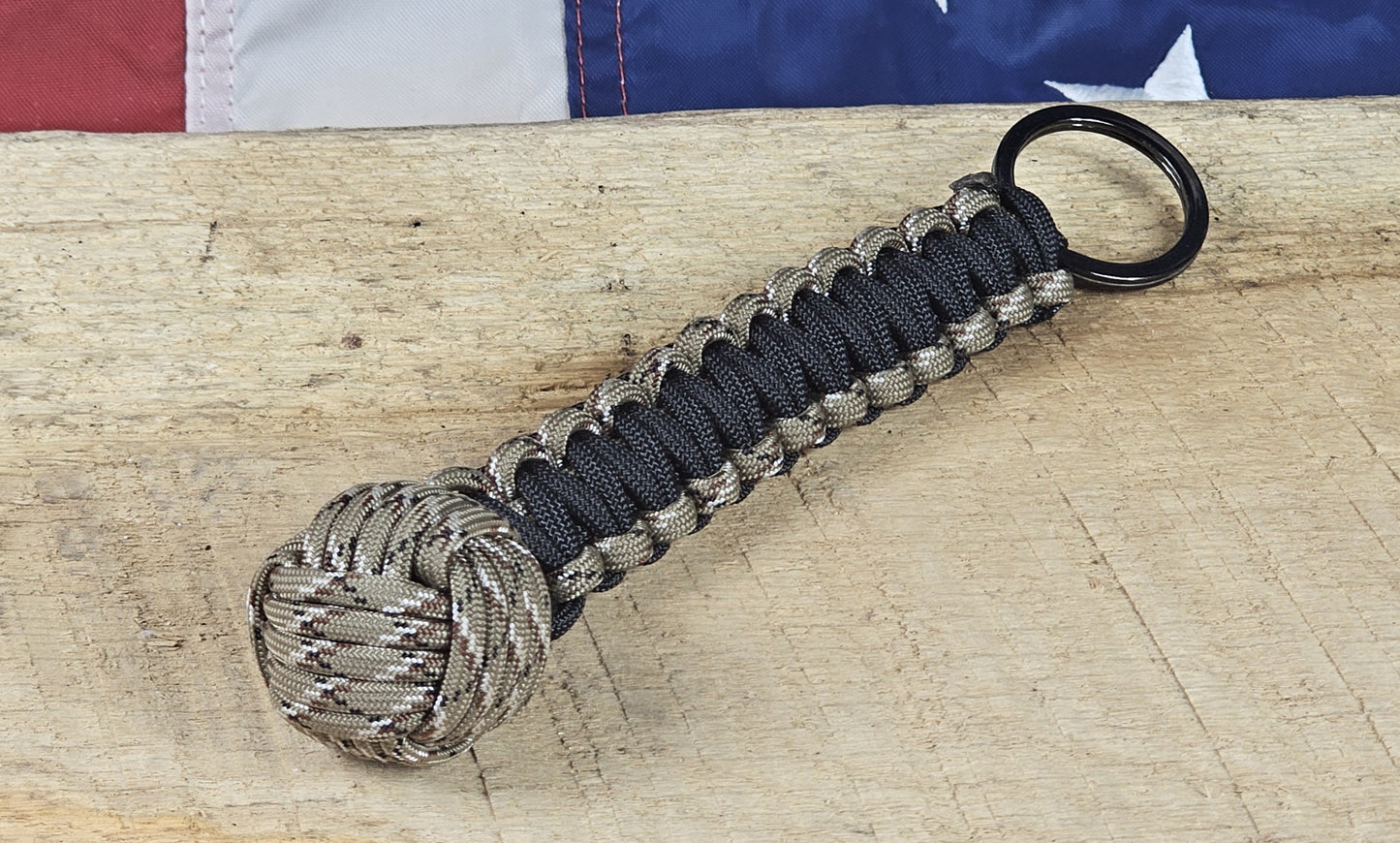 Monkey Fist Keychain - Black / Desert Camo - Cobra Weave Wrap - Gunmetal Keyring