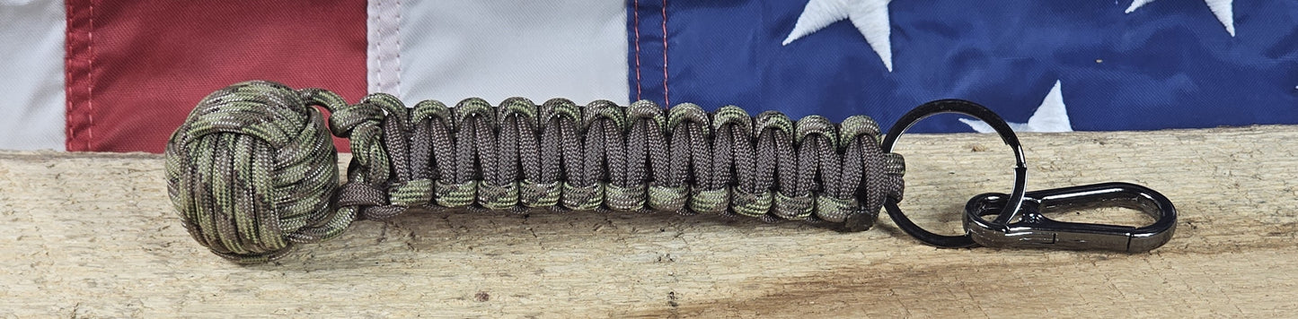 Monkey Fist Keychain - Apache Camo / Brown - Cobra Weave Wrap - Gunmetal Keyring