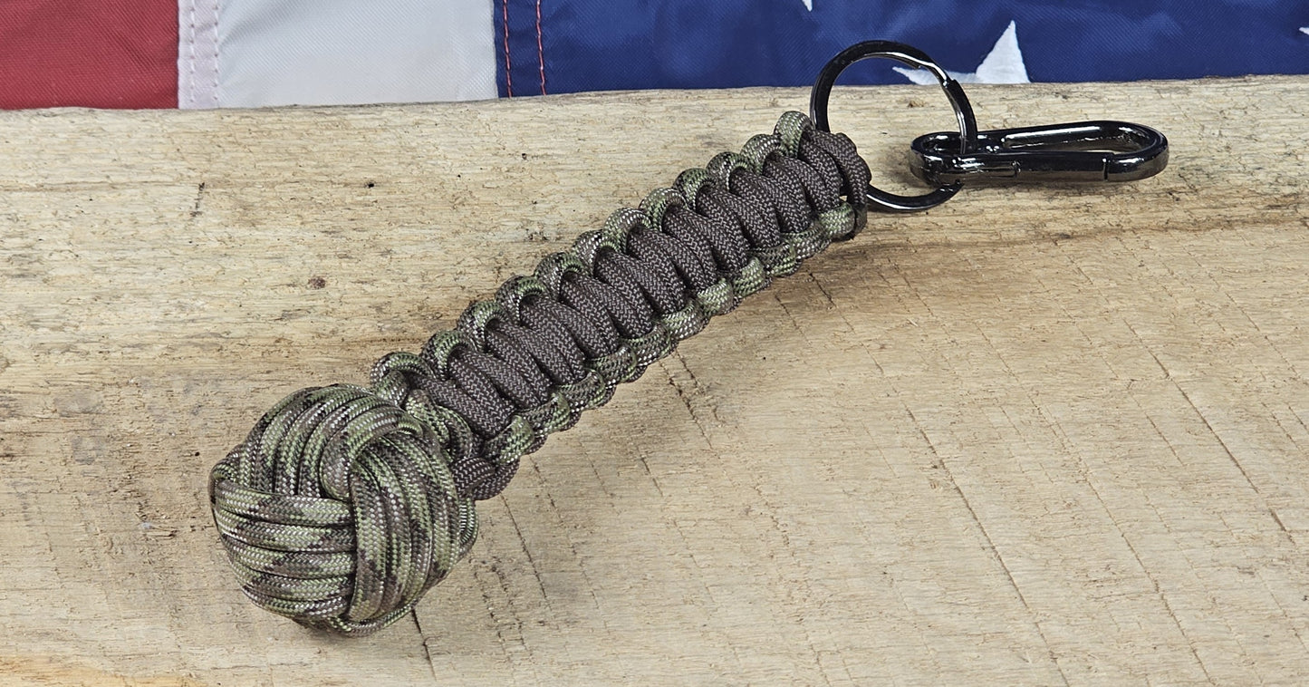 Monkey Fist Keychain - Apache Camo / Brown - Cobra Weave Wrap - Gunmetal Keyring