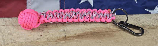 Monkey Fist Keychain - Pink Camo / Florescent Pink - Cobra Weave Wrap - Gunmetal Keyring