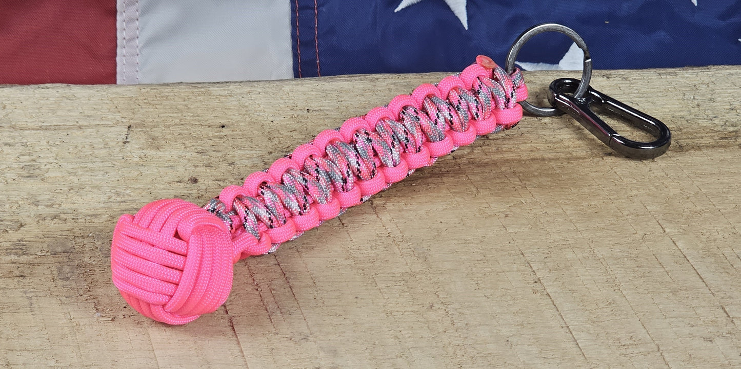 Monkey Fist Keychain - Pink Camo / Florescent Pink - Cobra Weave Wrap - Gunmetal Keyring