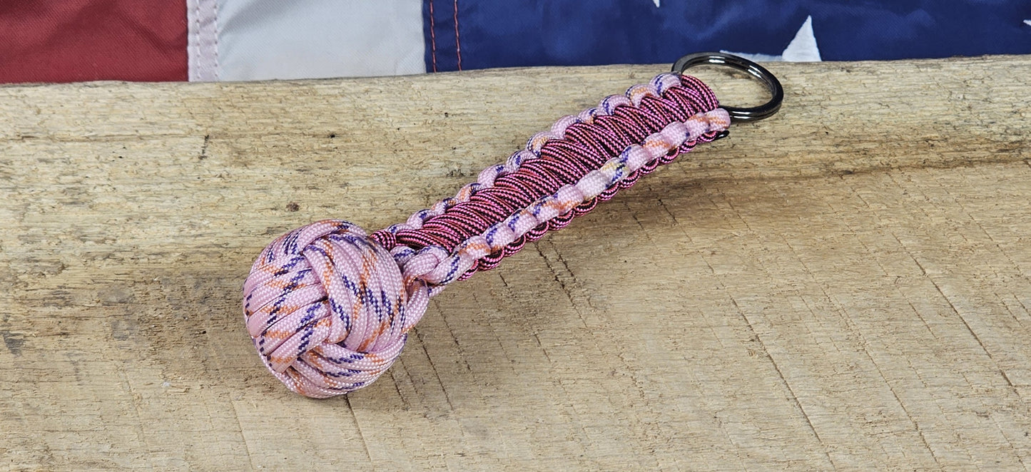 Monkey Fist Keychain - Pink Camo / Neon Pink Black - Cobra Weave Wrap - Gunmetal Keyring