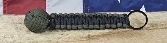 Monkey Fist Keychain - OD Green / Black - Cobra Weave Wrap - Gunmetal Keyring