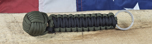 Monkey Fist Keychain - OD Green / Black - Cobra Weave Wrap - Titanium Keyring