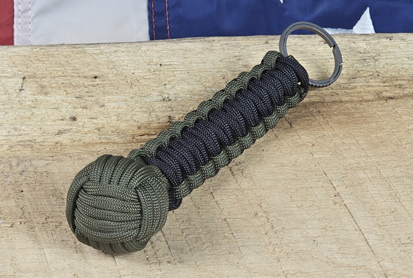 Monkey Fist Keychain - OD Green / Black - Cobra Weave Wrap - Titanium Keyring