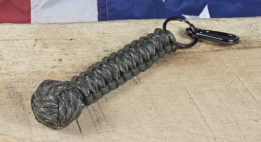 Monkey Fist Keychain - OD Green / Digital Woodland Camo - Cobra Weave Wrap - Gunmetal Keyring w/ Carabiner