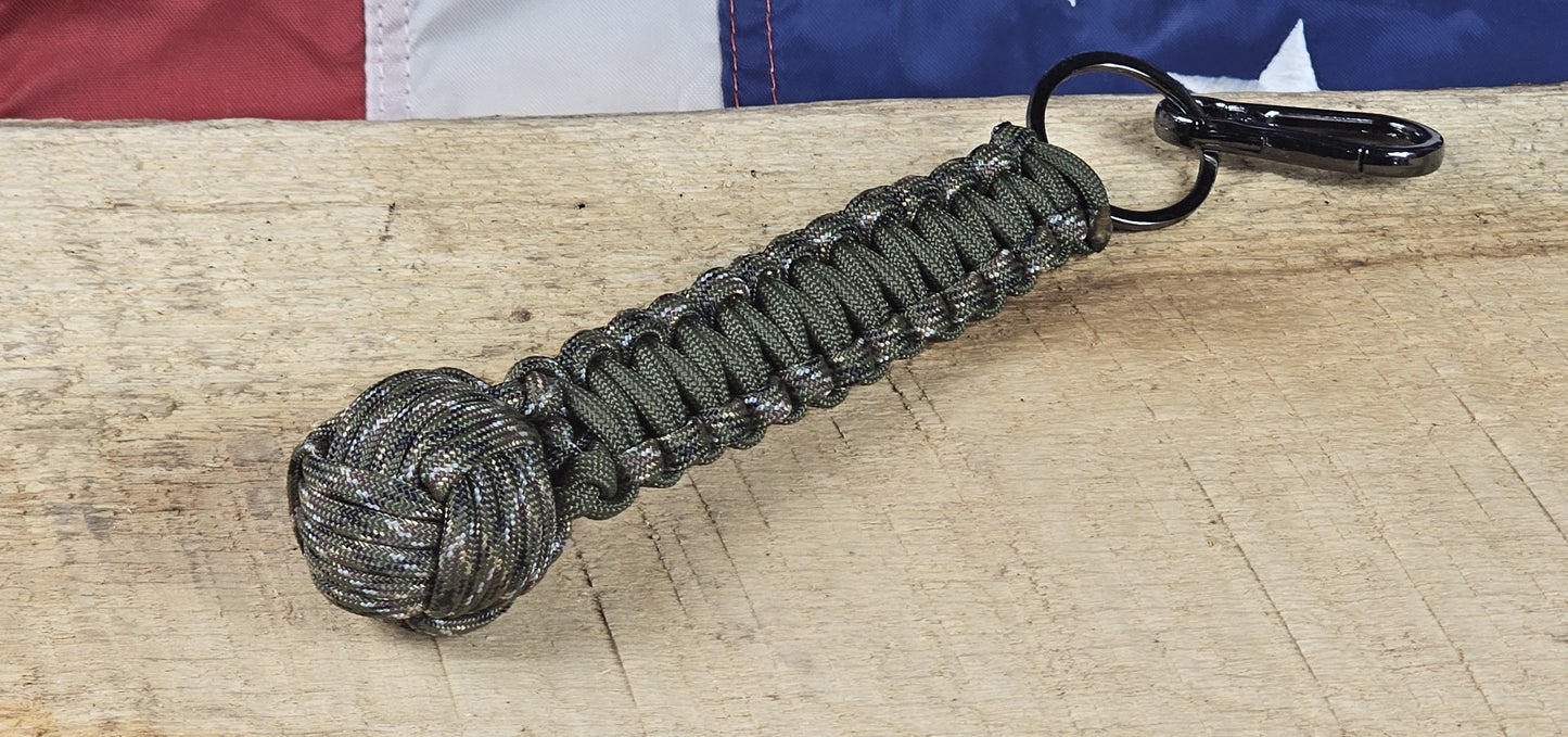 Monkey Fist Keychain - OD Green / Digital Woodland Camo - Cobra Weave Wrap - Gunmetal Keyring w/ Carabiner