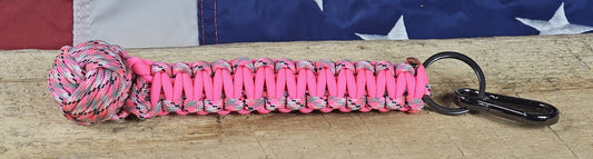 Monkey Fist Keychain - Pink Camo / Florescent Pink - Cobra Weave Wrap - Gunmetal Keyring w/ Carabiner