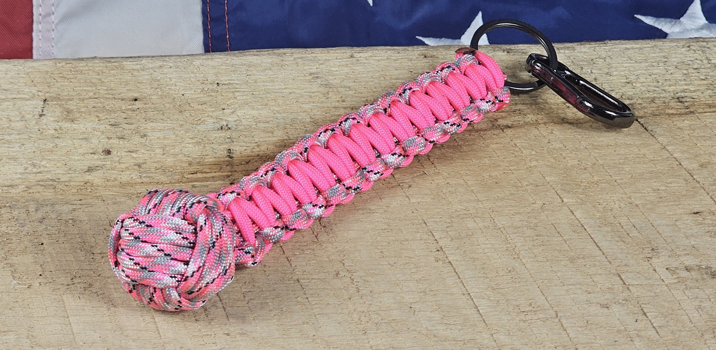 Monkey Fist Keychain - Pink Camo / Florescent Pink - Cobra Weave Wrap - Gunmetal Keyring w/ Carabiner