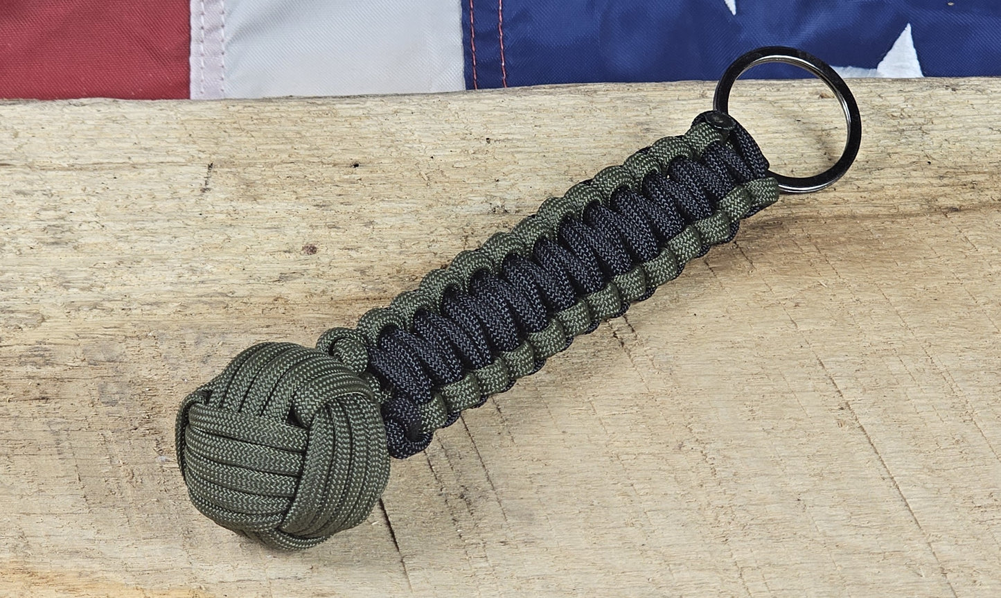 Monkey Fist Keychain - OD Green / Black - Cobra Weave Wrap - Gunmetal Keyring
