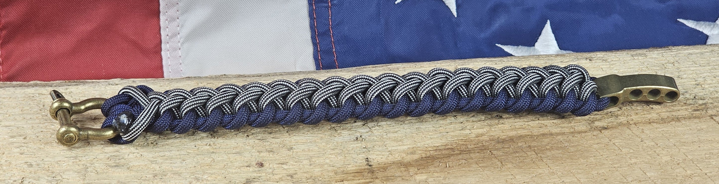 Men's Widowmaker Weave Paracord Bracelet - Silver Spiral Core - Dark Blue Trim - Bronze Metal Shackle