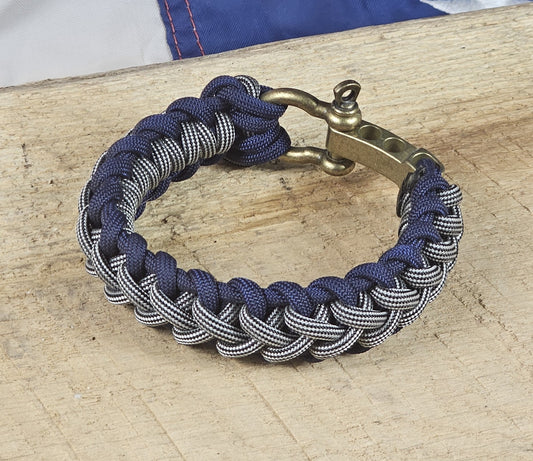 Men's Widowmaker Weave Paracord Bracelet - Silver Spiral Core - Dark Blue Trim - Bronze Metal Shackle