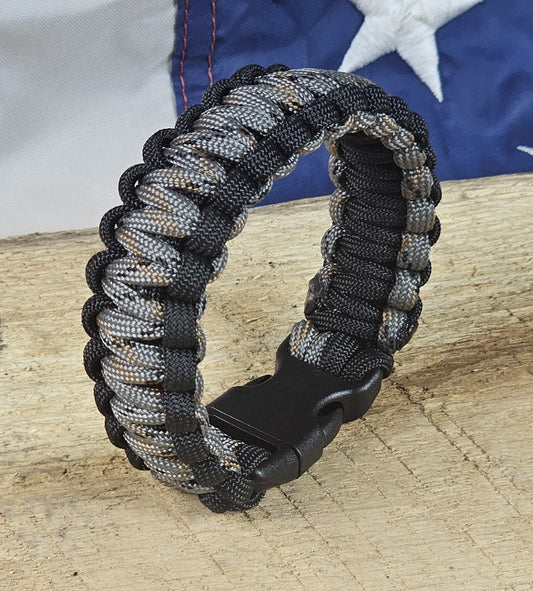 Men's Cobra Weave Paracord Bracelet – Silver Camo - Black Trim - Black, Plastic, Buckle