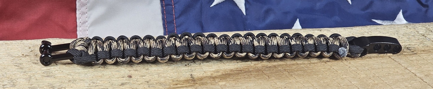 Men's Cobra Weave Paracord Bracelet - Tomahawk Camo Core - Black Trim - Black Metal Shackle