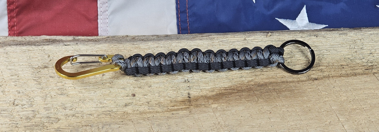 Cobra Weave Keychain – Silver Camo / Black - Yellow Aluminum Carabiner - Gunmetal Keyring