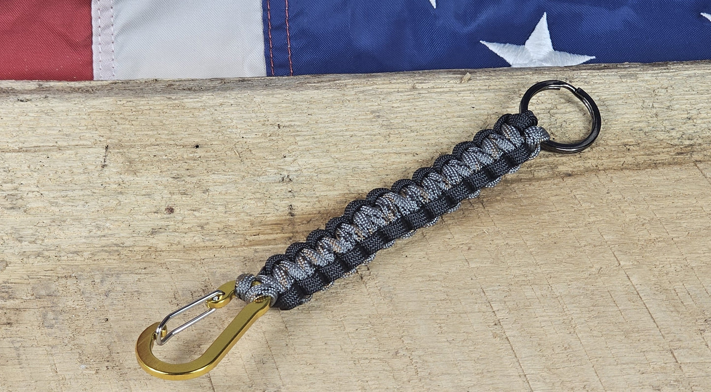 Cobra Weave Keychain – Silver Camo / Black - Yellow Aluminum Carabiner - Gunmetal Keyring