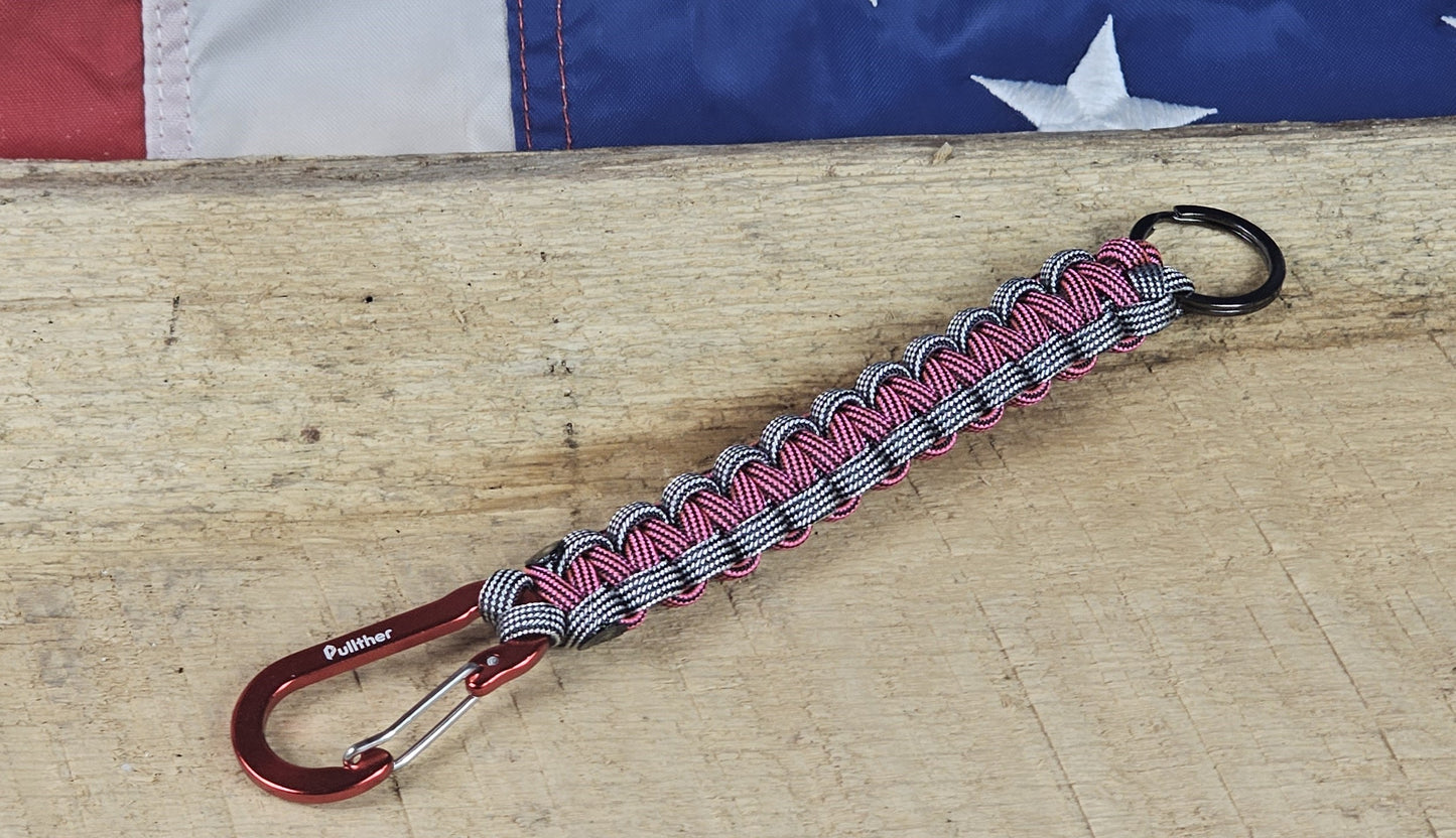 Cobra Weave Keychain – Silver Black Lined / Neon Pink Black - Red Aluminum Carabiner - Gunmetal Keyring