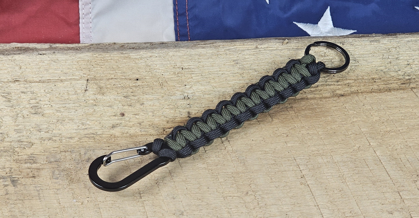 Cobra Weave Keychain – OD Green / Black - Black Aluminum Carabiner - Gunmetal Keyring