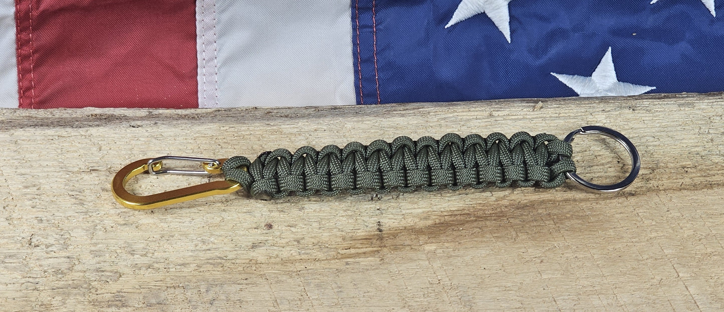 Cobra Weave Keychain – OD Green - Yellow Aluminum Carabiner - Gunmetal Keyring