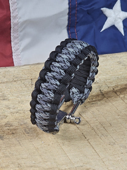 Men's Cobra Weave Paracord Bracelet - Titanium Camo Core - Black Trim - Silver, Metal, Adjustable Shackle