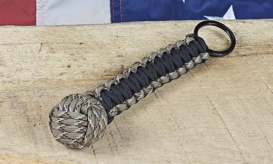 Monkey Fist Keychain - Black / Desert Camo - Cobra Weave Wrap - Gunmetal Keyring