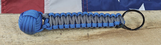 Monkey Fist Keychain - Nimue Blue / Silver Black Lined - Cobra Weave Wrap - Gunmetal Keyring