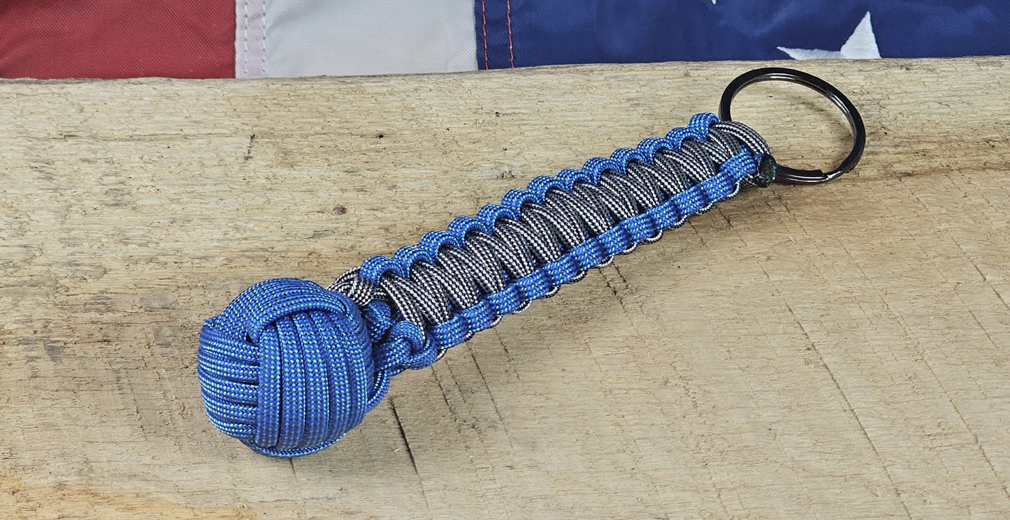 Monkey Fist Keychain - Nimue Blue / Silver Black Lined - Cobra Weave Wrap - Gunmetal Keyring