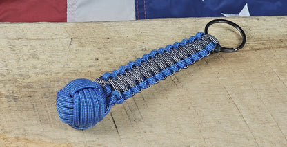 Monkey Fist Keychain - Nimue Blue / Silver Black Lined - Cobra Weave Wrap - Gunmetal Keyring