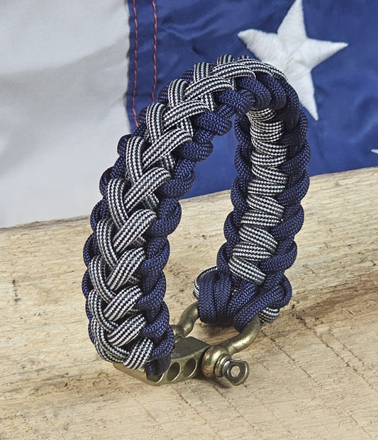 Men's Widowmaker Weave Paracord Bracelet - Silver Spiral Core - Dark Blue Trim - Bronze Metal Shackle
